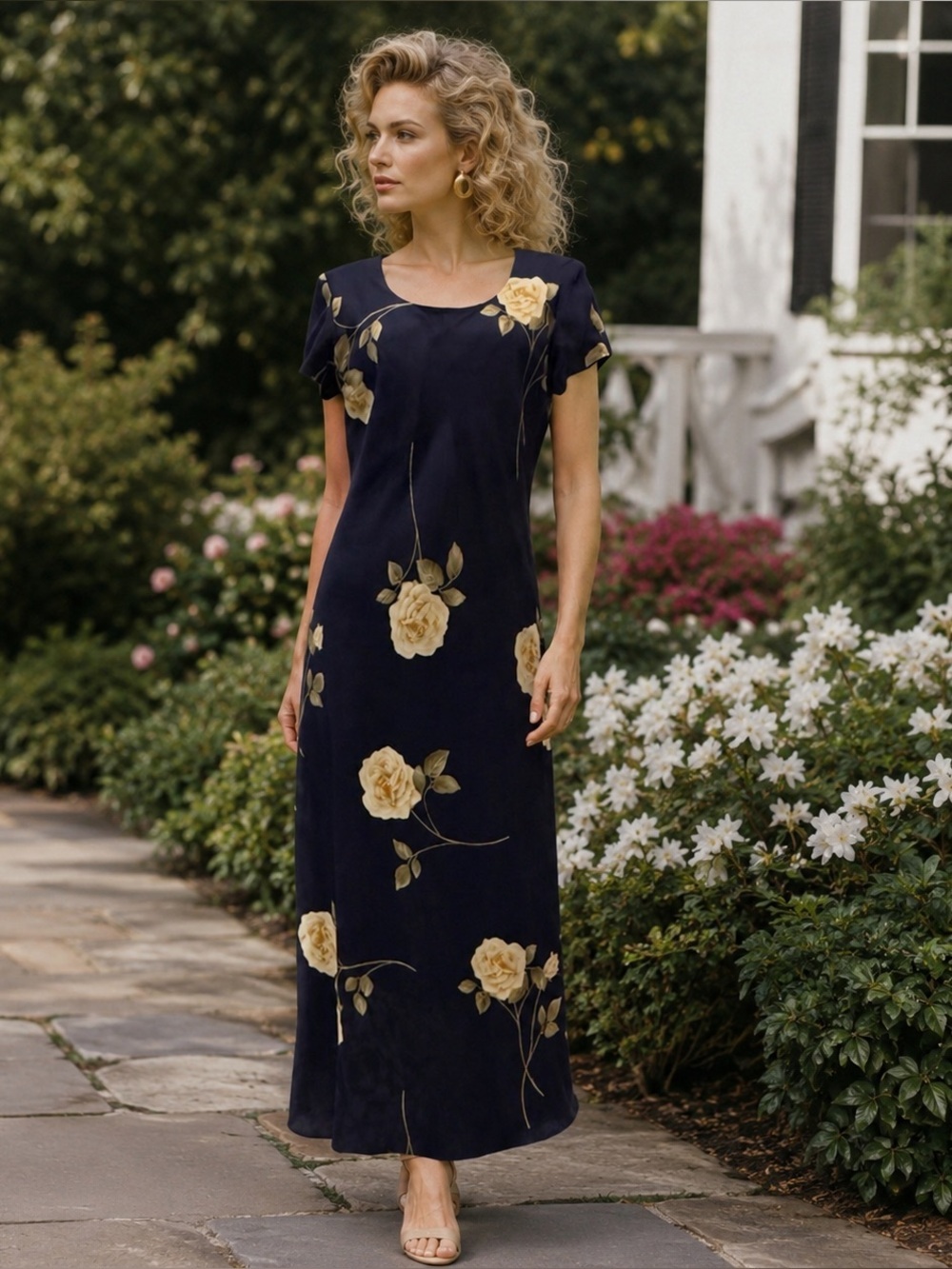 Vintage 90s Y2K Jessica Howard Short Sleeve Maxi Dress Blue Floral Womens Medium